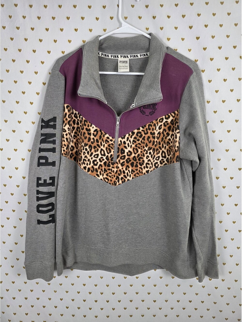 Victorias Secret Pink Quarter Zip Leopard Cheetah Love Sweater Top LARGE